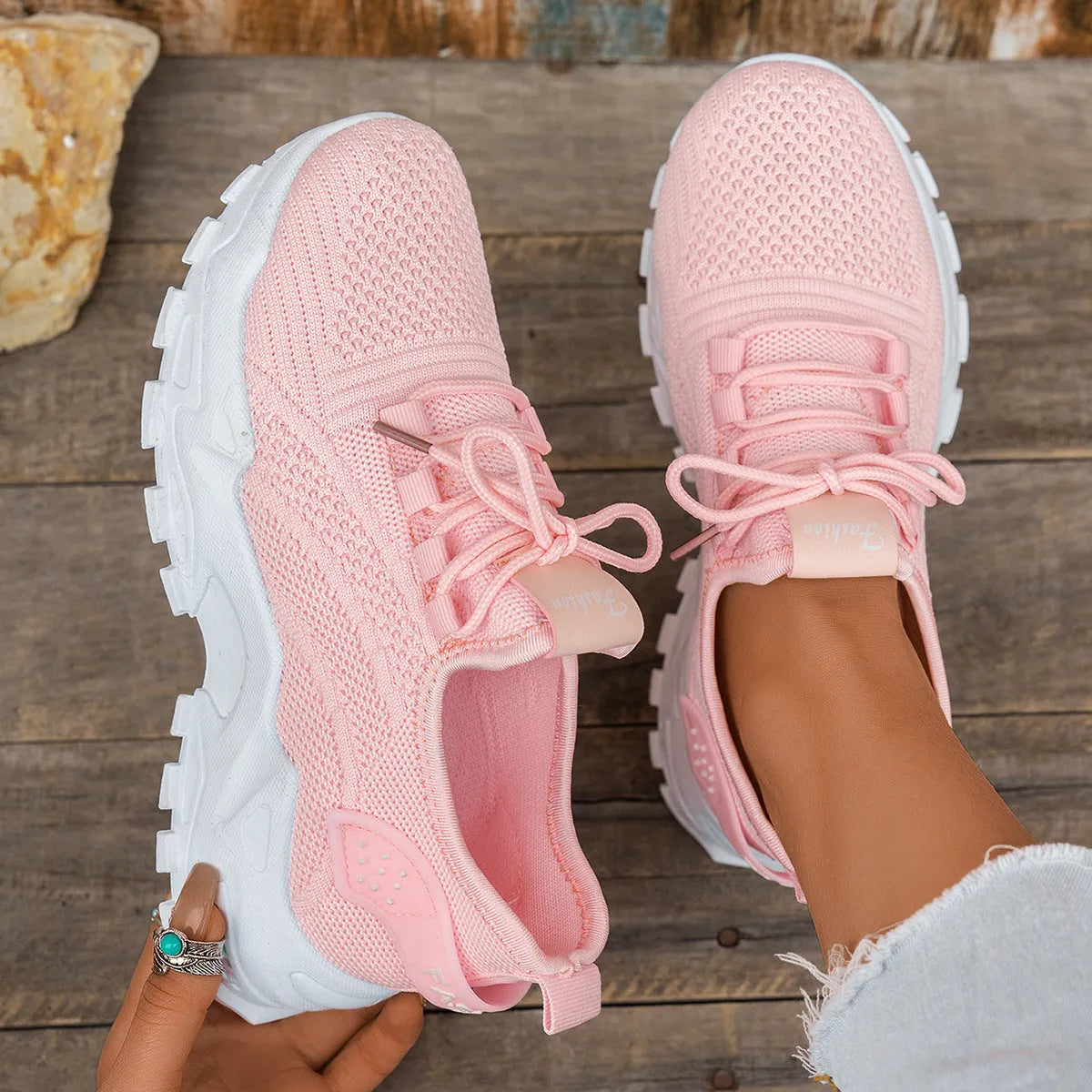 Women's Flyknit mesh sports casual shoes in multiple colours with flat heel and lace-up closure