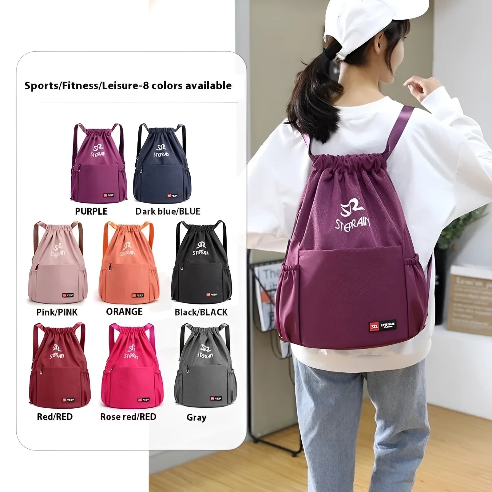 Lightweight solid colour Oxford cloth backpack with drawstring closure and double shoulder straps.
