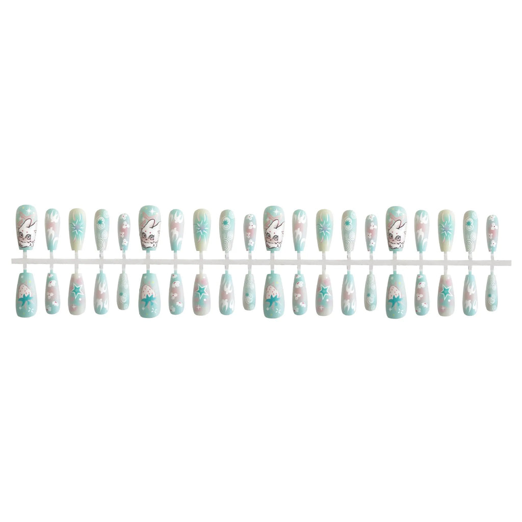 Cartoon cute rabbit middle ladder fake nails with cat's paw pattern in Rabbit Planet colour, including 40 pieces with frosted and glossy finish options