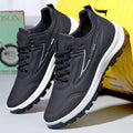 Men's black and grey waterproof PU casual shoes with a pointed toe and flat plastic sole on a white background.