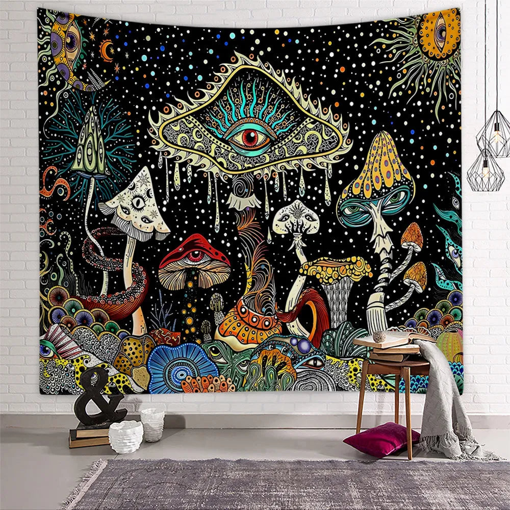 Polyester machine woven tapestry with skull mushroom geometric abstraction pattern in starry mushroom colour