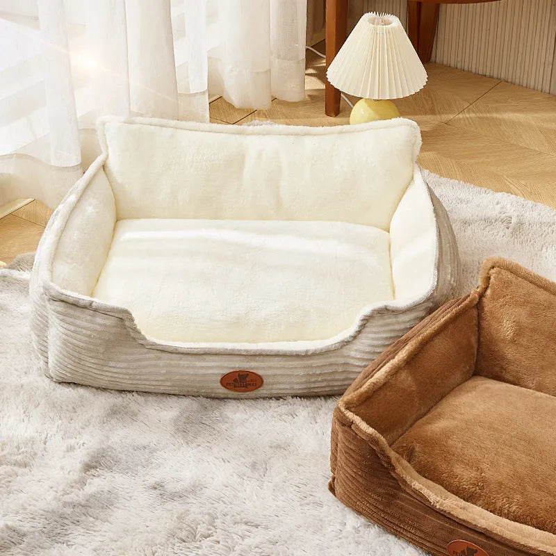 Coffee coloured removable cover dog and cat bed cushion showing raised edge, with S size 45x50cm dimensions