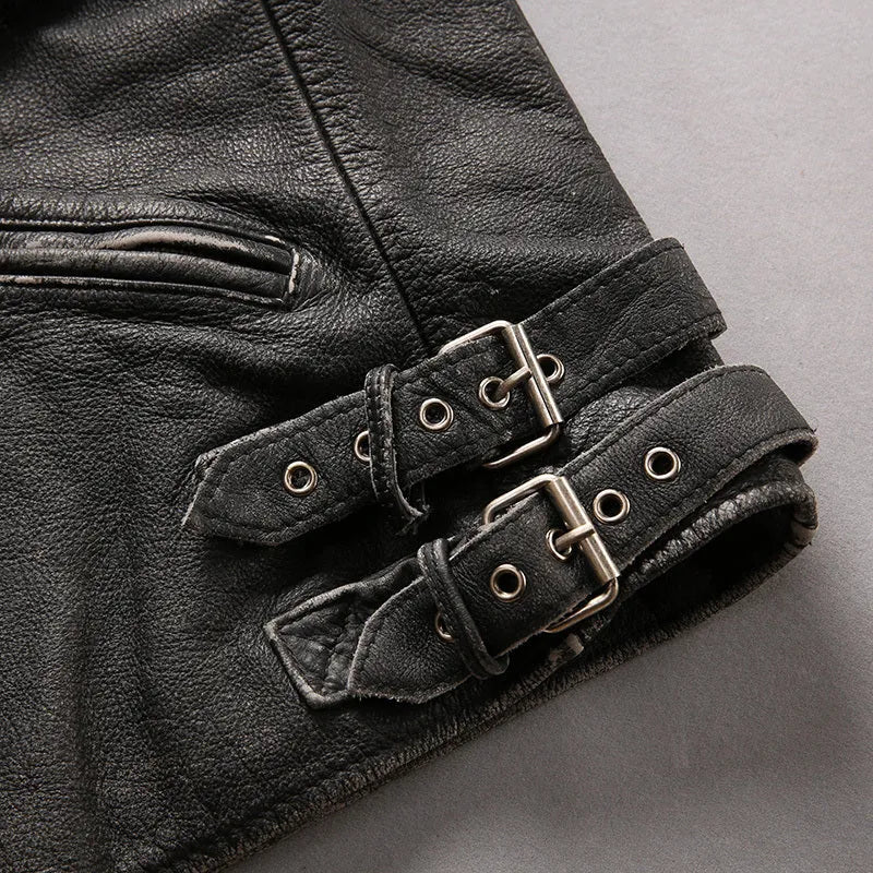 Men's distressed black cropped slim standing collar leather jacket with top layer cowhide