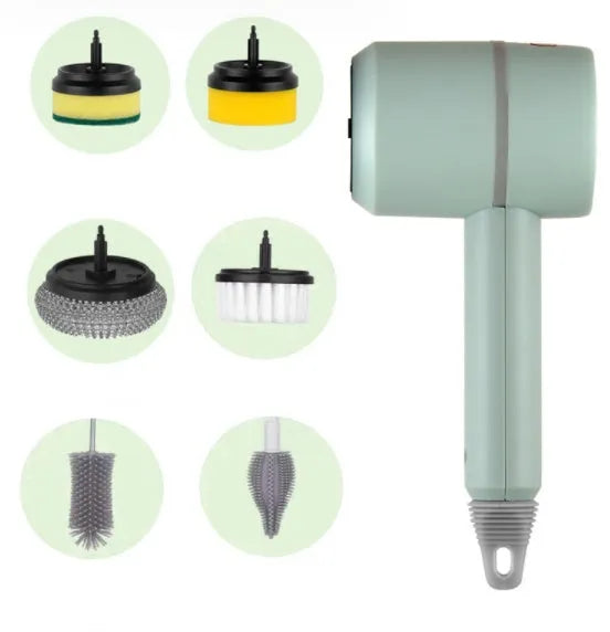 Green electric cleaning brush with three interchangeable scouring pad, brush, and sponge heads on a white background.