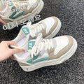 Women's low-top skate shoes with thick flat sole, synthetic PU upper, front lace-up, black or green, sizes 35-41