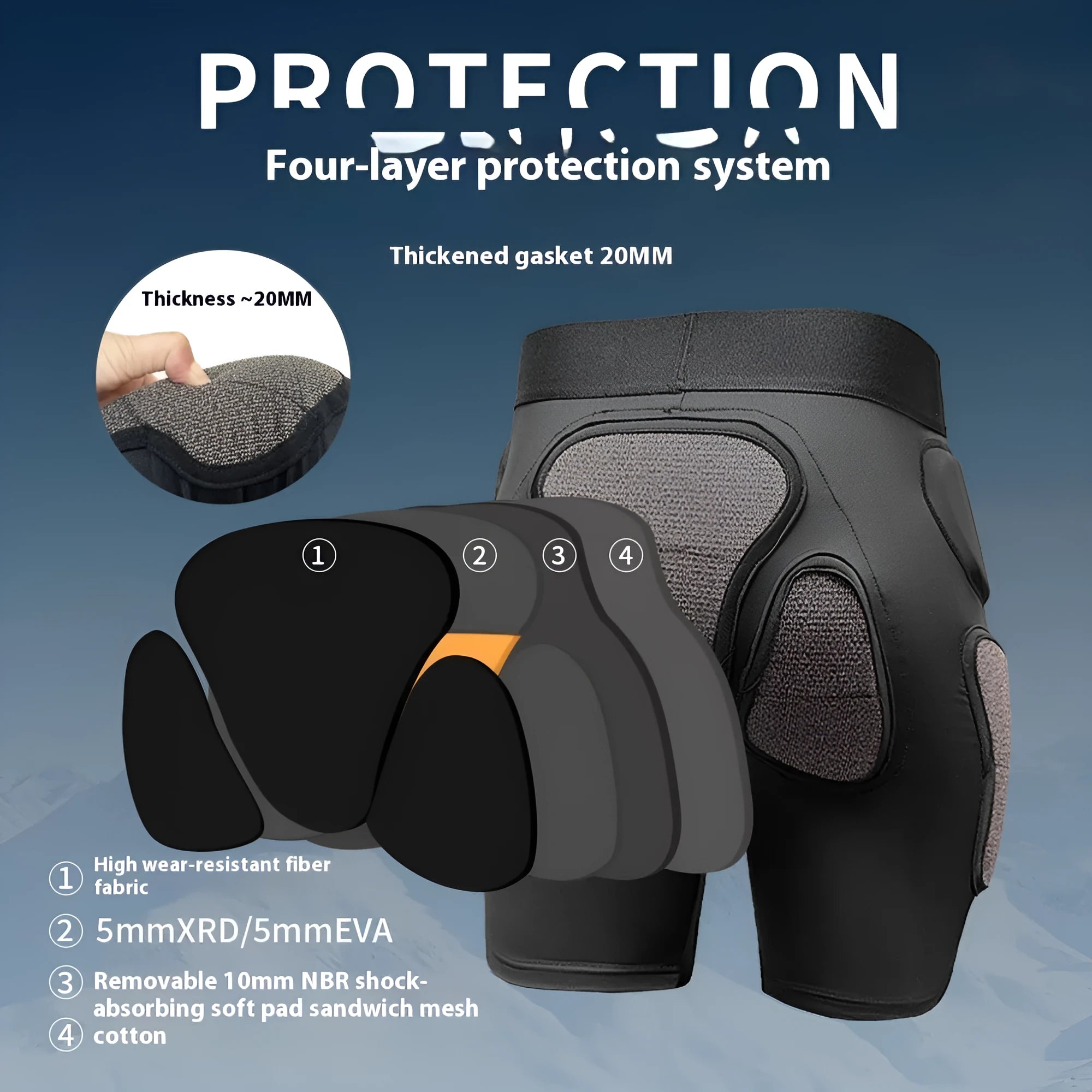 X-ray diffraction skiing protective set with slim hip pads and multiple protection knee pads.
