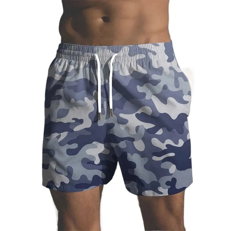 Men's polyester beach shorts with elastic waistband and printed streetwear design in multiple colour options