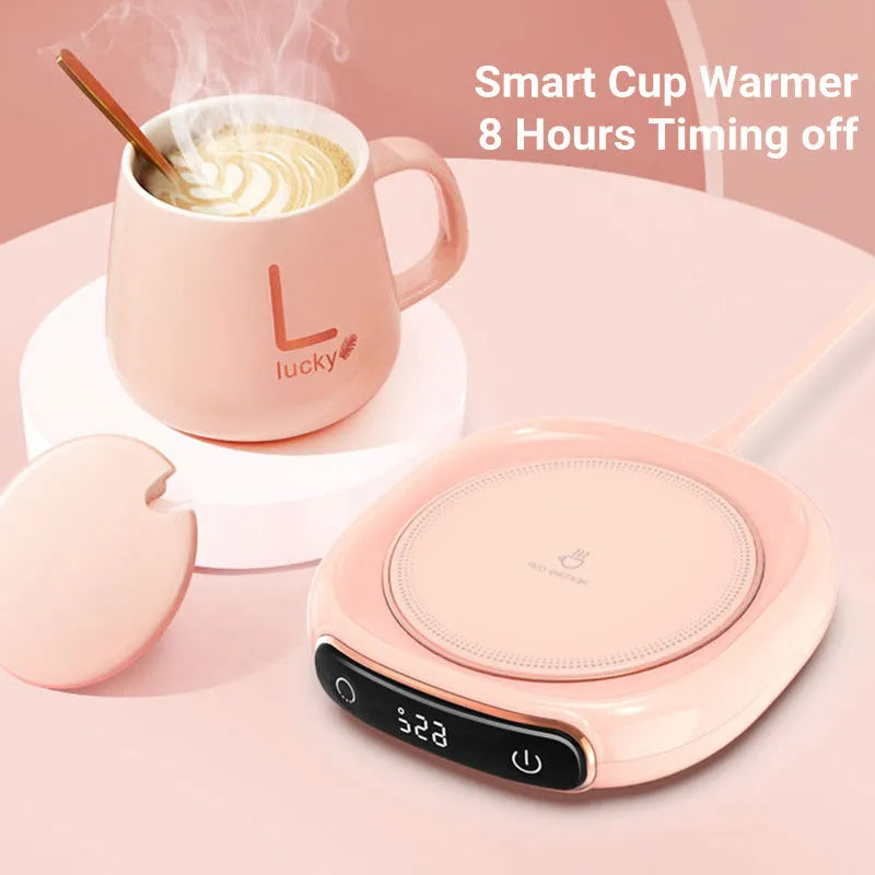 White USB coffee mug warmer plate on wooden desk with measurement showing 130x110mm dimensions