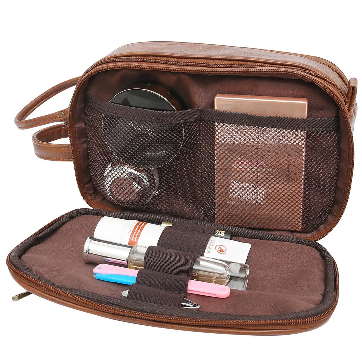 Black solid colour PU men's toiletry bag with zipper closure
