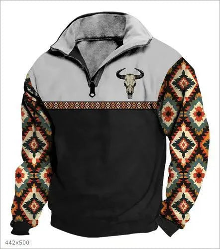 Men's digital print stand collar zip-up hoodie in loose fit, front view, no hood, long sleeves