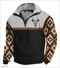 Men's digital print stand collar zip-up hoodie in loose fit, front view, no hood, long sleeves