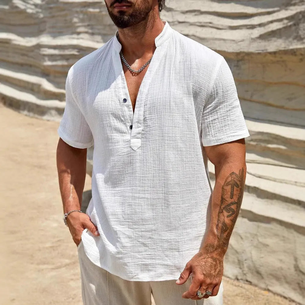 Men's solid colour short-sleeved casual shirt with a stand collar, shown in a light blue colour.