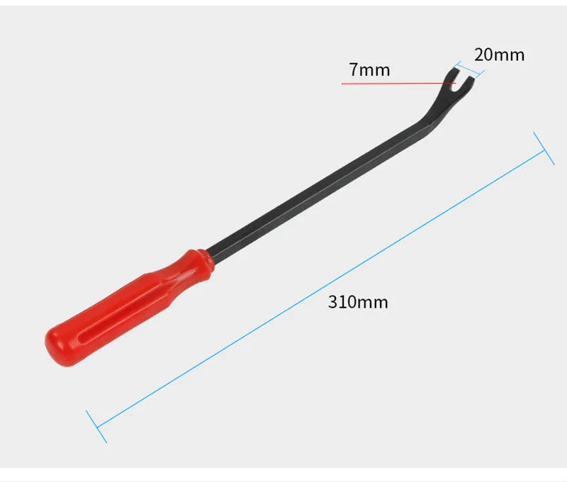 Red-handled steel clip driver tool for General Motors vehicle door panel fasteners.