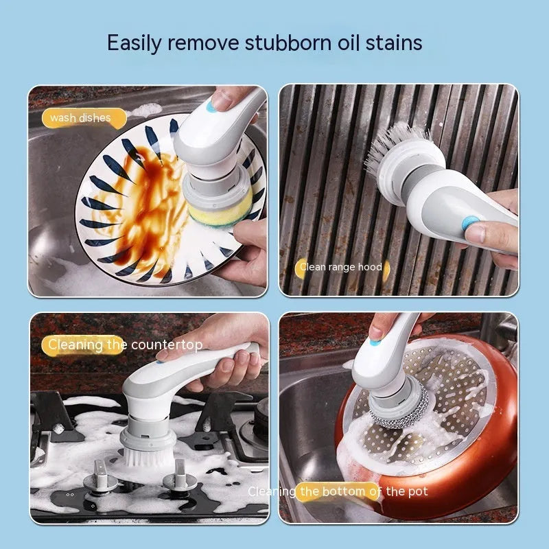 Cordless electric spin scrubber handheld cleaner with four different brush heads on a white background.