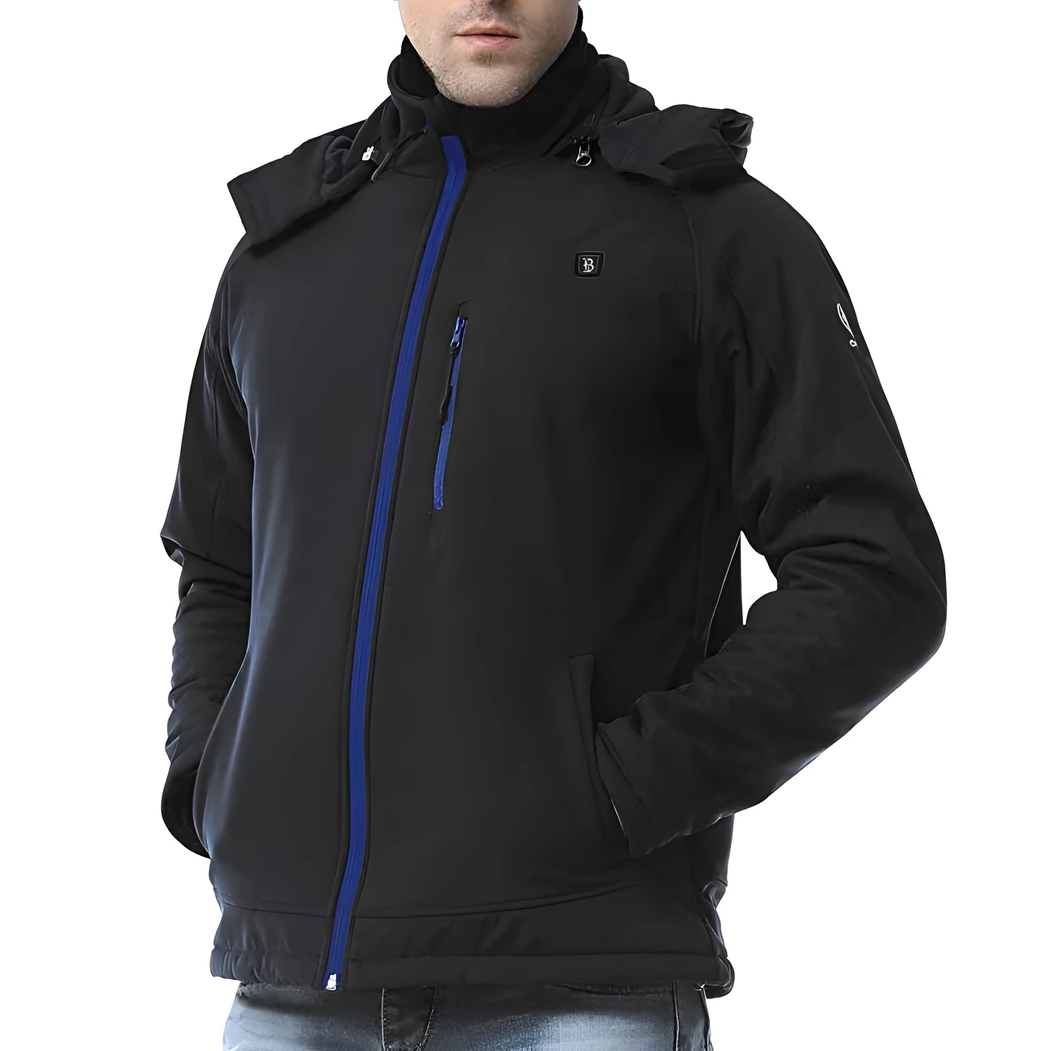 Men's black waterproof thermal coat with straight hem design and zipper pockets
