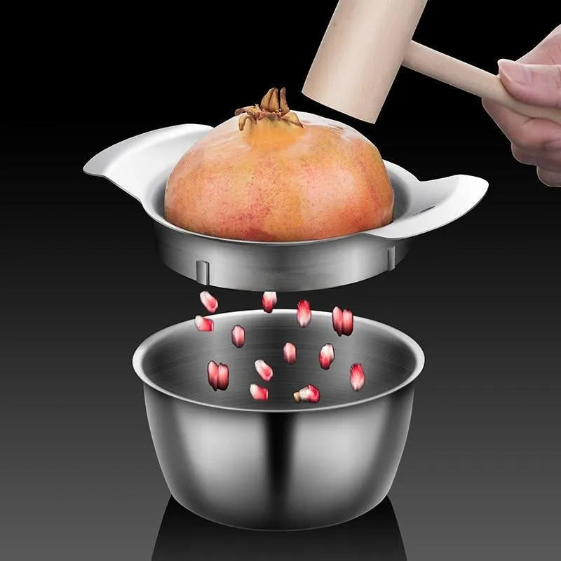 Stainless steel pomegranate fruit opener tool set with wooden hammer and bowl