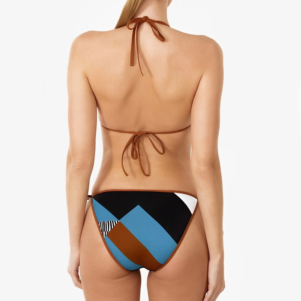 Women's backless skinny print bikini in picture colour, showing front and back design with sleeveless top.