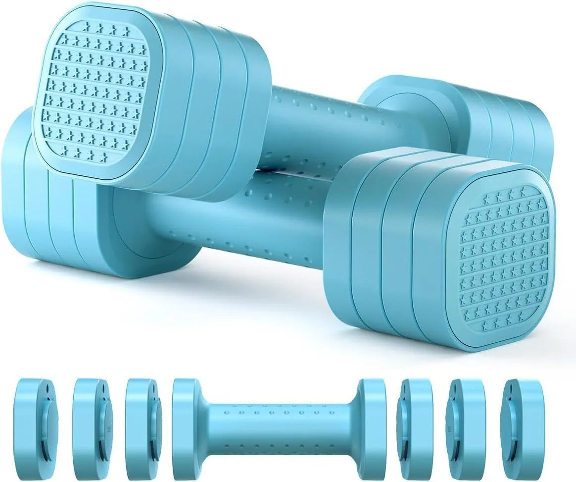 Set of pink and blue detachable 5lb dumbbells for women's fitness on a grey background.
