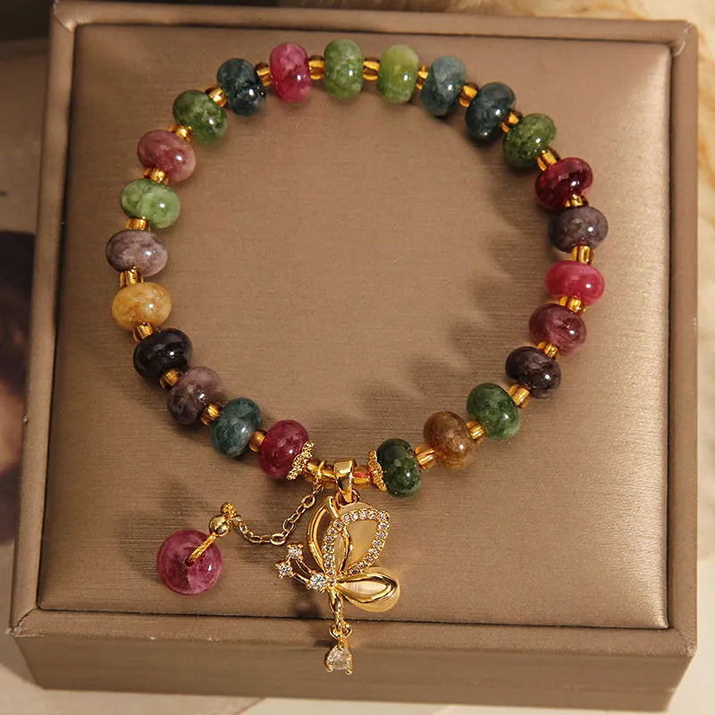 Women's colourful butterfly charm bracelet with alloy and tourmaline beads