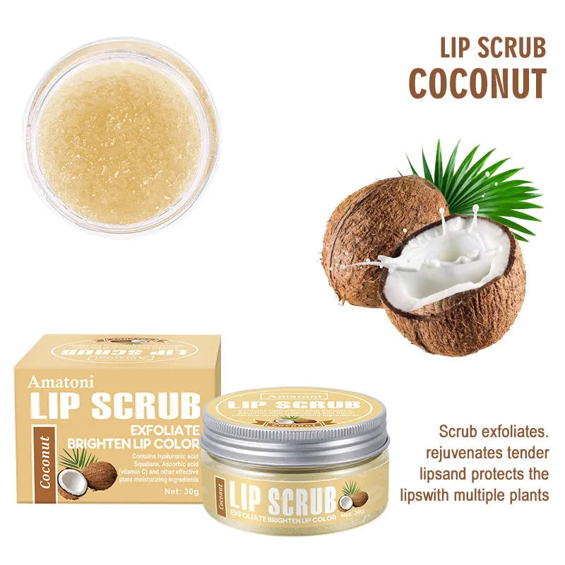 Amatoni Lip Scrub 30g tube in fruit flavours: coconut, raspberry, vanilla, watermelon