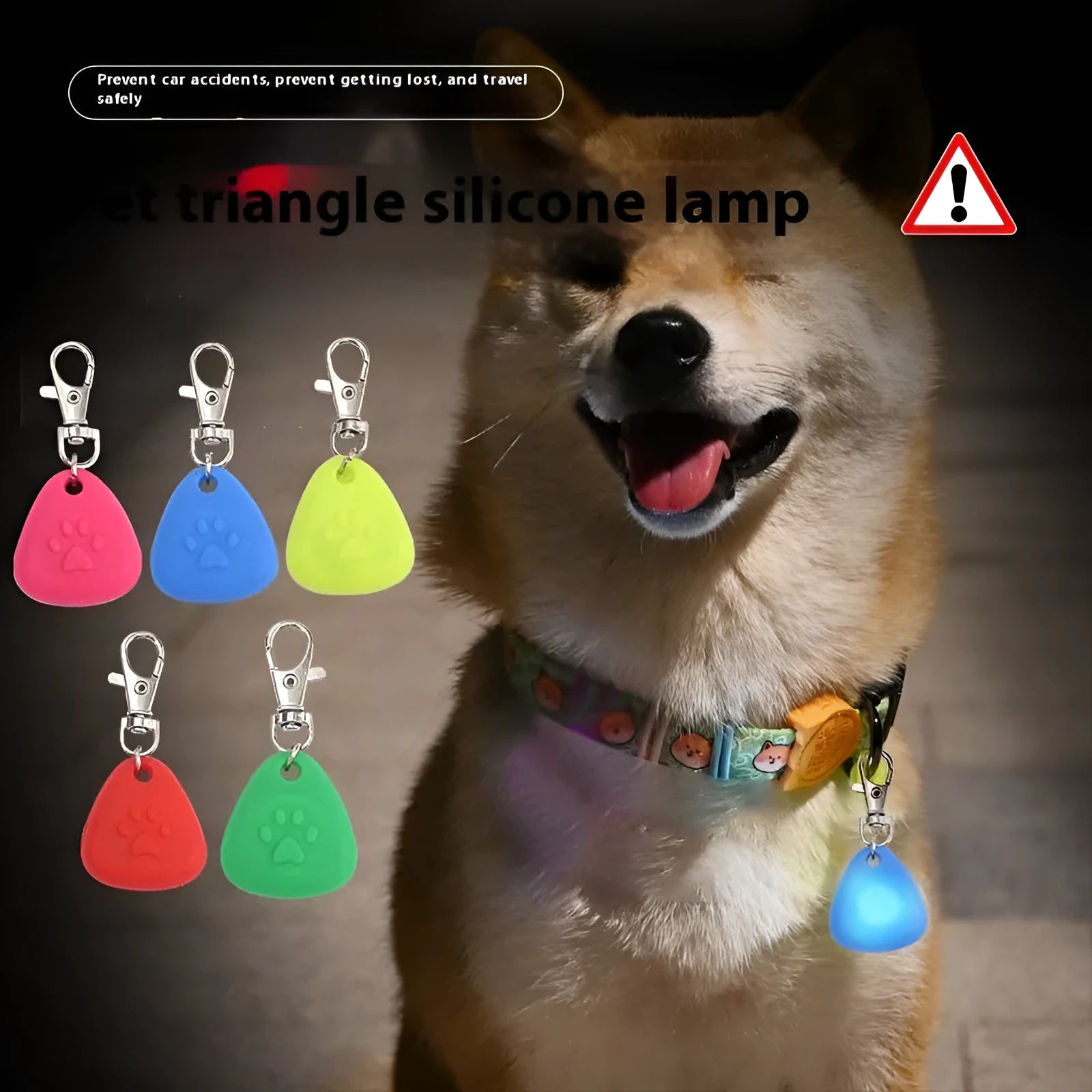 Silicone triangle-shaped light-up pet pendant ornament in red, pink, blue, green, or yellow.