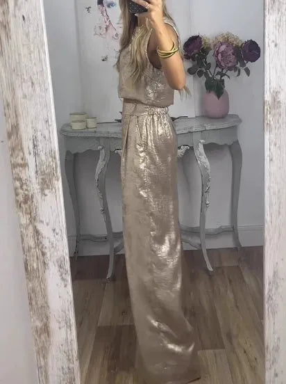 Women's gold polyester sleeveless vest and high-waisted pants casual two-piece set with button detail