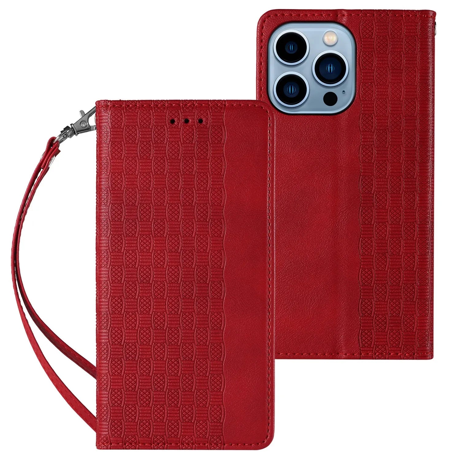 Embossed leather-style flip phone case for iPhone shown in black, brown, blue, and red colours.