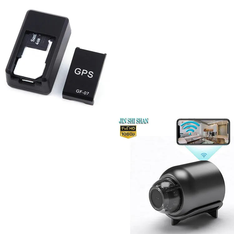Small black magnetic GPS car tracker with USB charging cable on a metal surface.