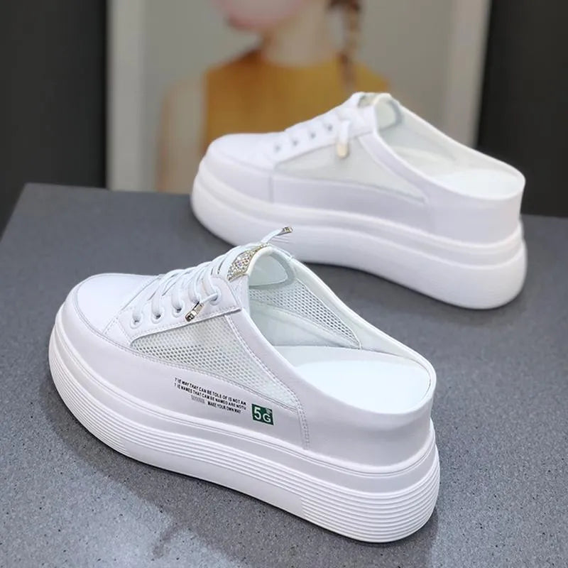 White women's mesh platform shoes with leather lining and rubber sole