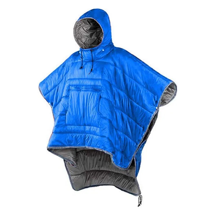 Outdoor cloak sleeping bag in grey colour showing wearable cape design and 200x140cm dimensions