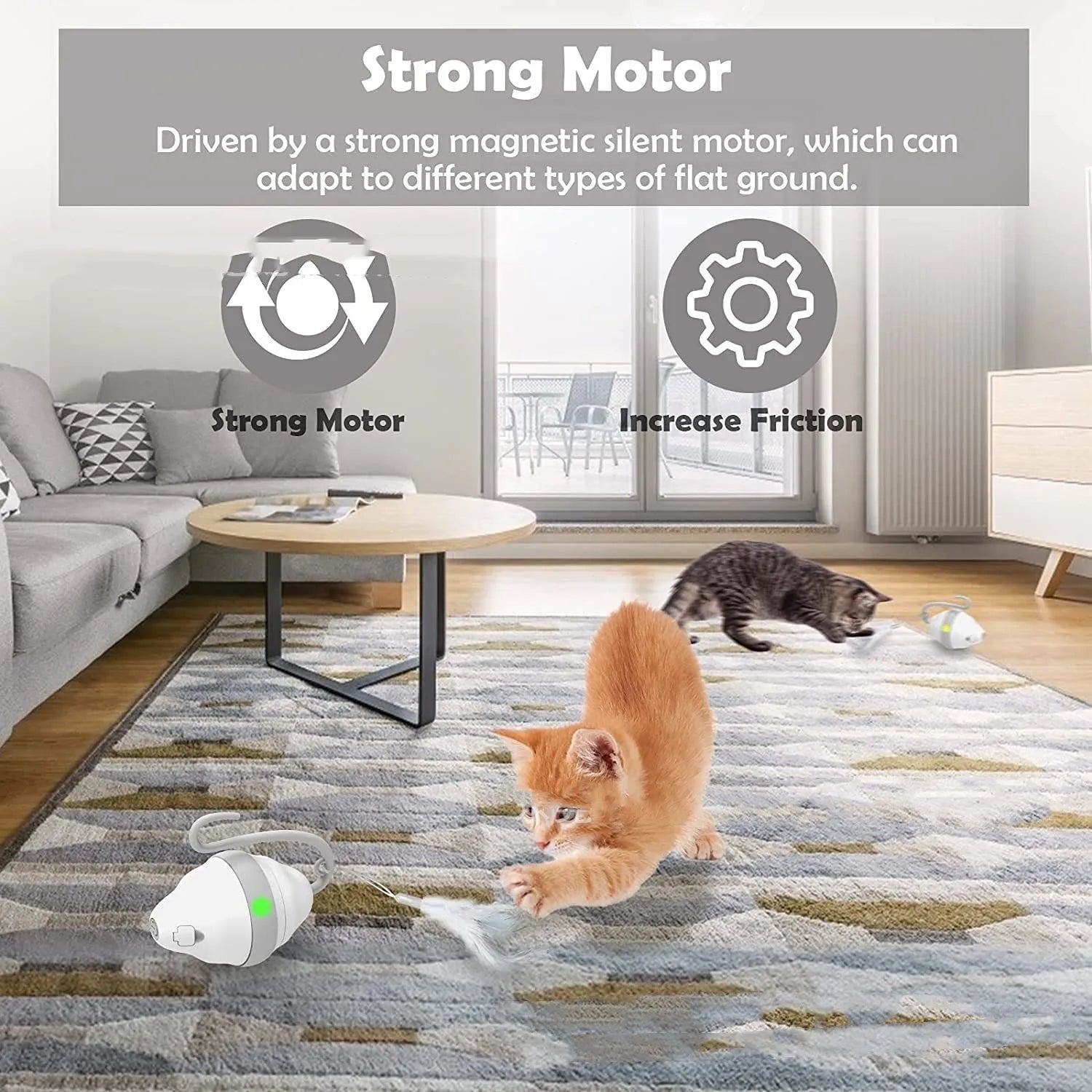 Gray 360 rolling mouse cat toy with feather teaser on plastic body, 11x8.5x6cm