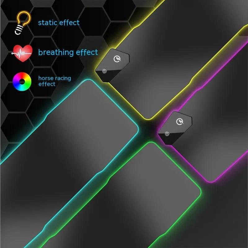 Black mech style gaming mouse mat showing luminous elements and a TYPC interface port on a large 300x800mm surface.