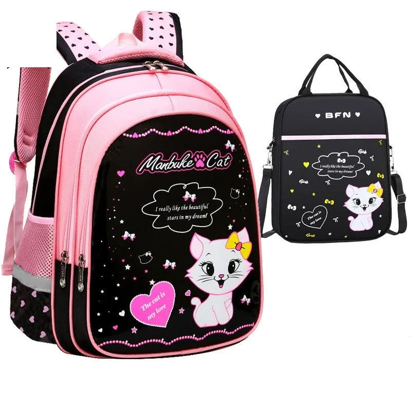 Kids school cute cat print nylon backpack with zipper opening and load-reducing design, available in large and small sizes