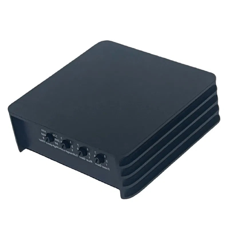 Black car DSP amplifier audio processor, 12 x 12 x 4cm, 12V, eight 75W channels, 105dB signal-to-noise ratio.