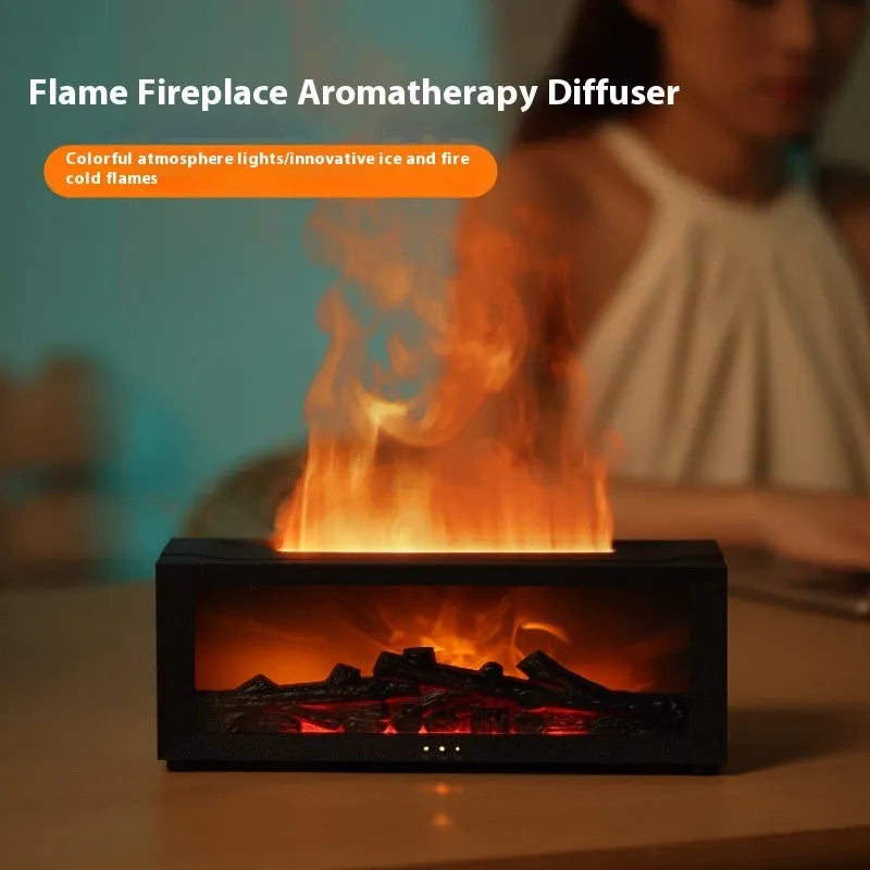Square flame aromatherapy diffuser with 3D flame effect and seven colour LED mood lighting
