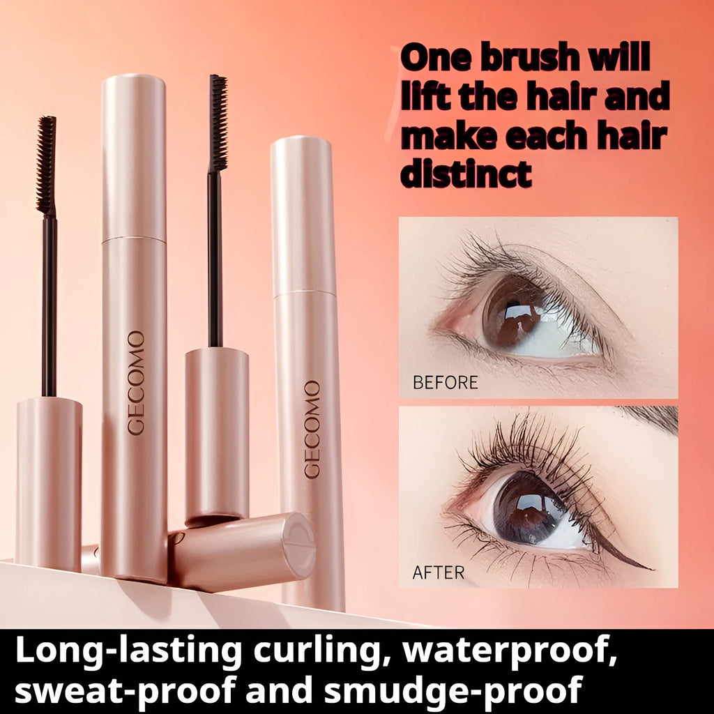 Black mascara in 14cm long tube with curved brush applicator for natural curly lashes