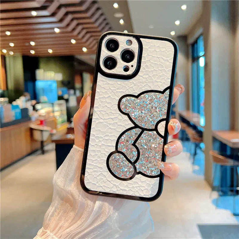 Cute bear silicone skin cover case for iPhone in glitter silver with cartoon design