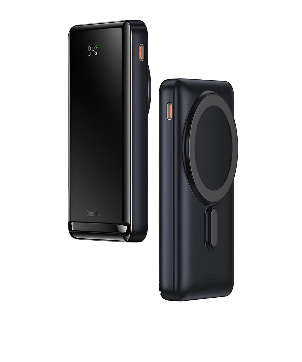 Slim blue magnetic wireless power bank with USB charging cable