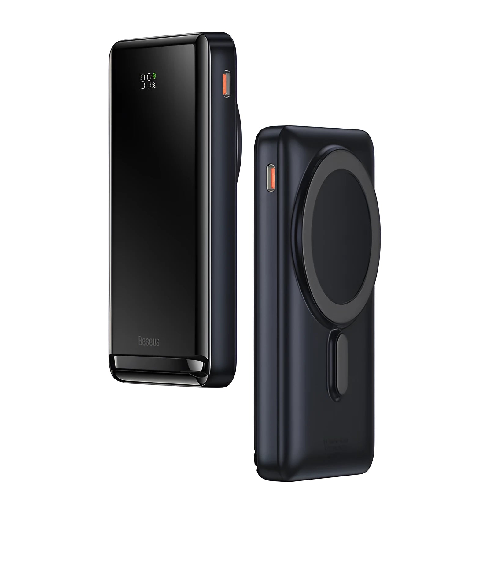 Slim blue magnetic wireless power bank with USB charging cable