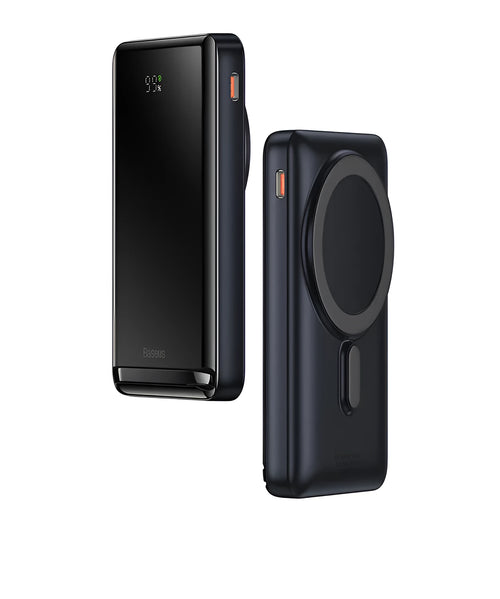 Slim blue magnetic wireless power bank with USB charging cable