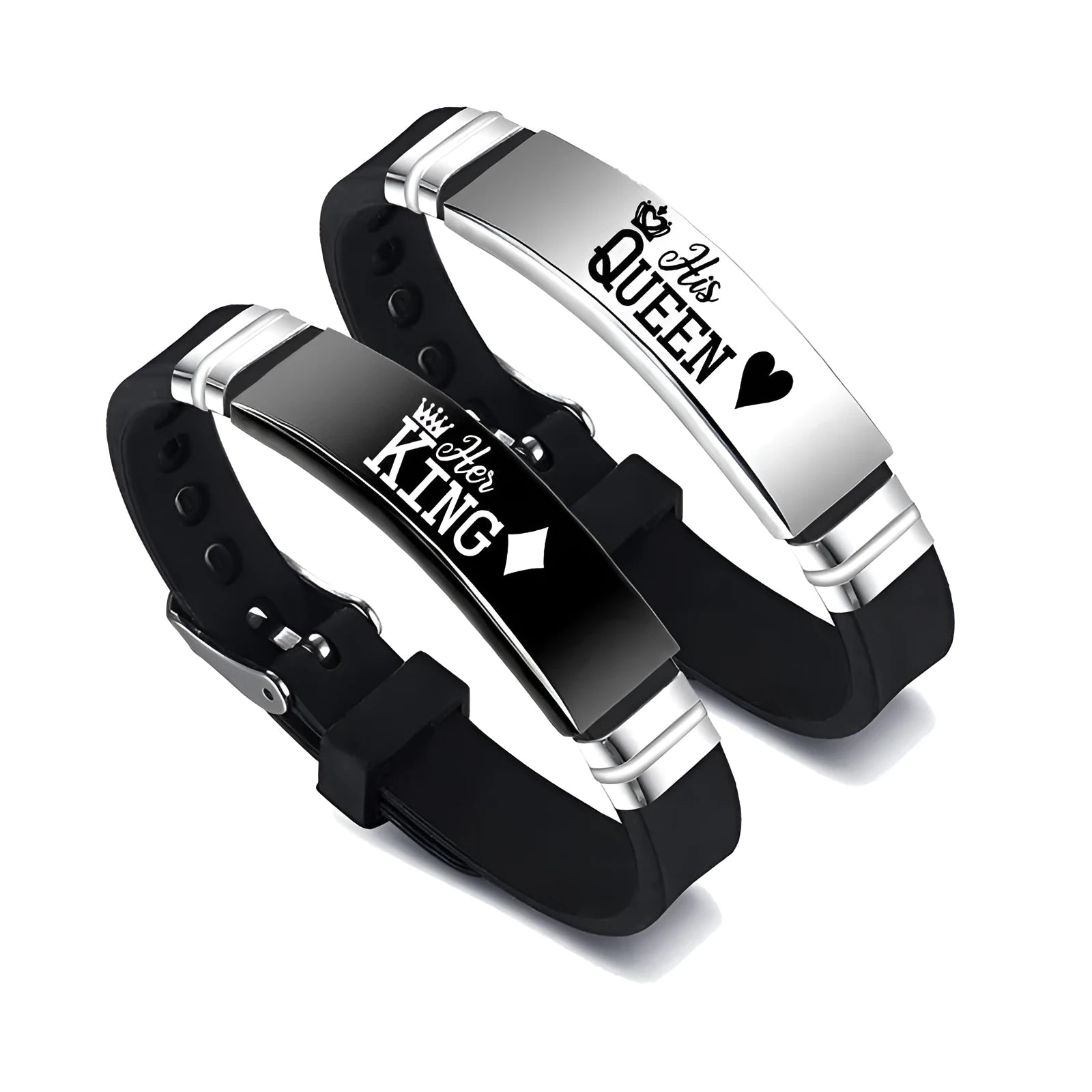 Black and silver his and hers couple bracelet set with stainless steel crown and letter charm on silicone strap