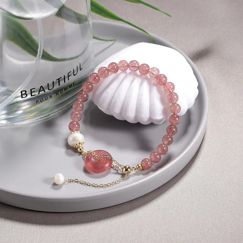 Women's Korean style crystal bracelet with choice of jade pendant, strawberry quartz, or spodumene purple styles and various buckle types.