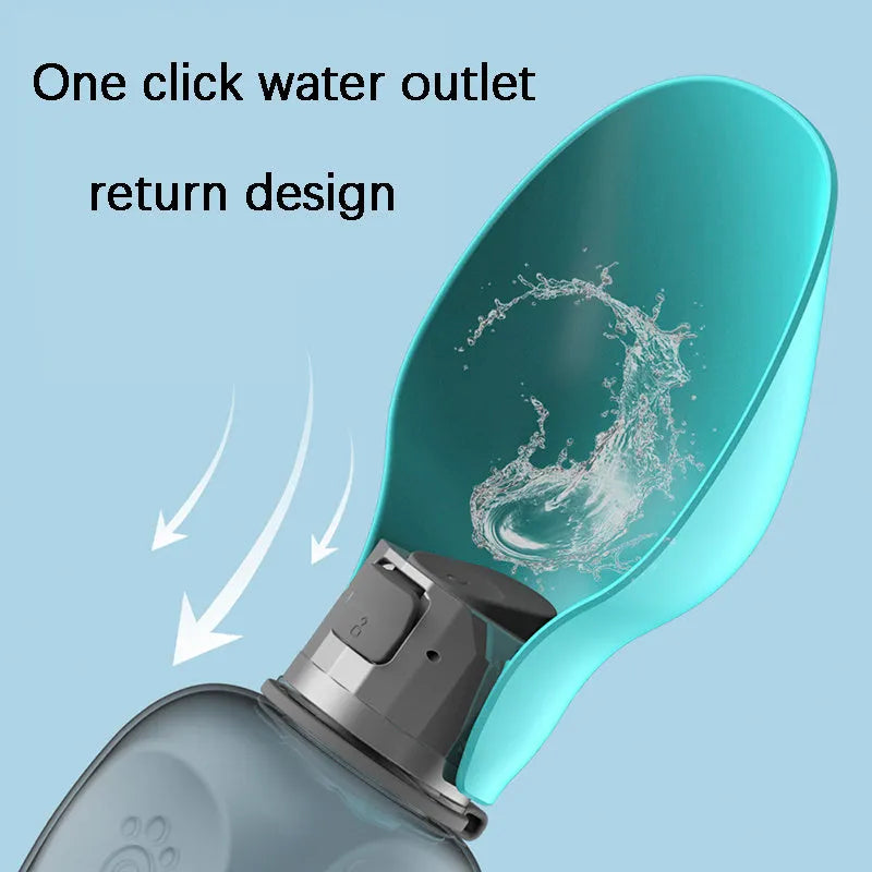 Blue grey foldable dog water bottle with drinking trough extended, showing 800ml capacity markings
