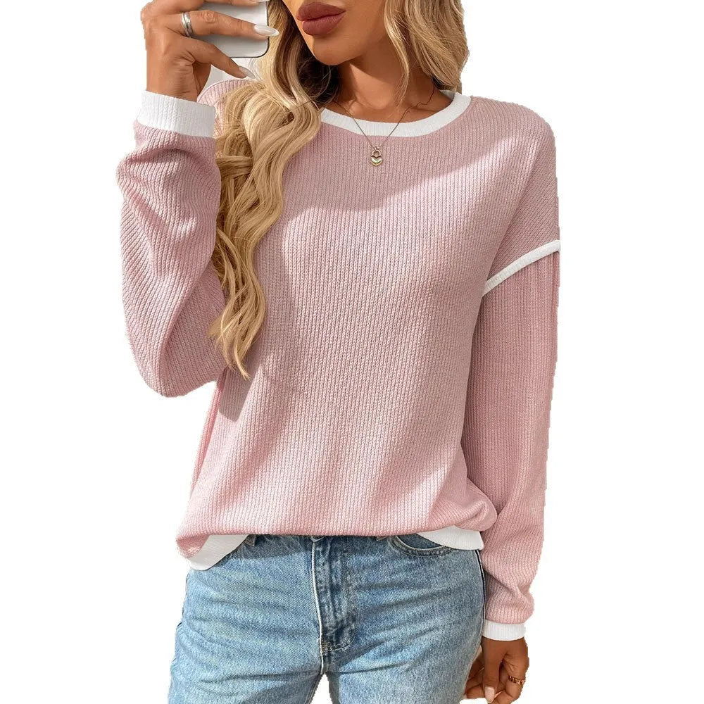 Women's loose round neck pullover top in polyester with long sleeves available in multiple colours