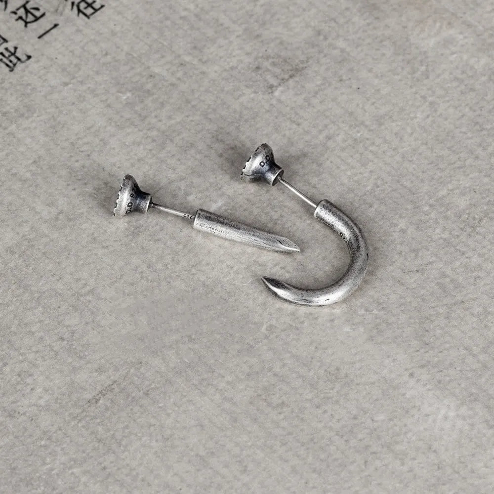 S925 sterling silver punk stud earring in straight and curved retro nail designs.