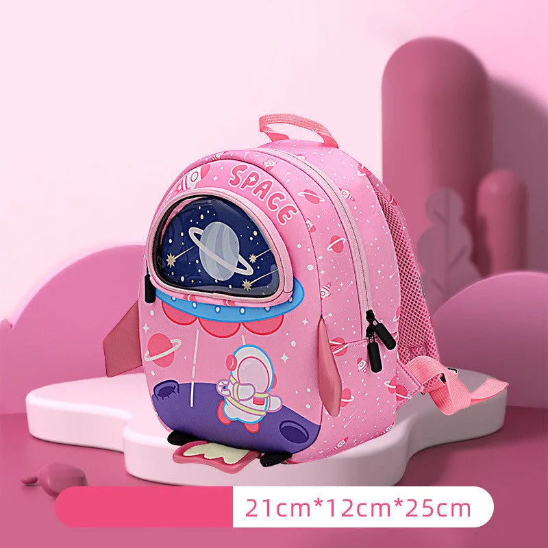 Children's SBR diving material anti lost backpack with zipper closure, cartoon rocket print, in blue colour, two sizes available.