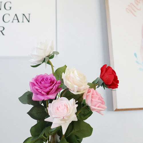 Artificial silk rose bouquet with 42cm length and 8.5cm flower head in multiple colour options