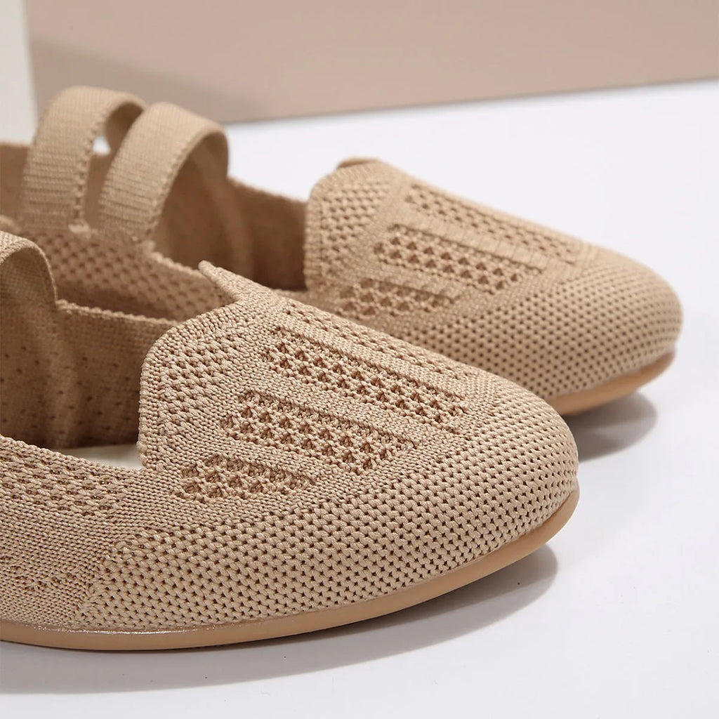 Women's casual mesh flats black low-cut round toe slip-on shoes with hollow detailing and rubber sole