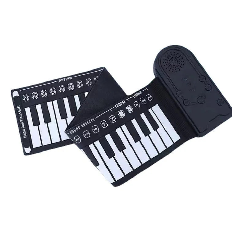 Portable folding electronic keyboard with 49 silicone rubber keys and built-in speaker in gloss black