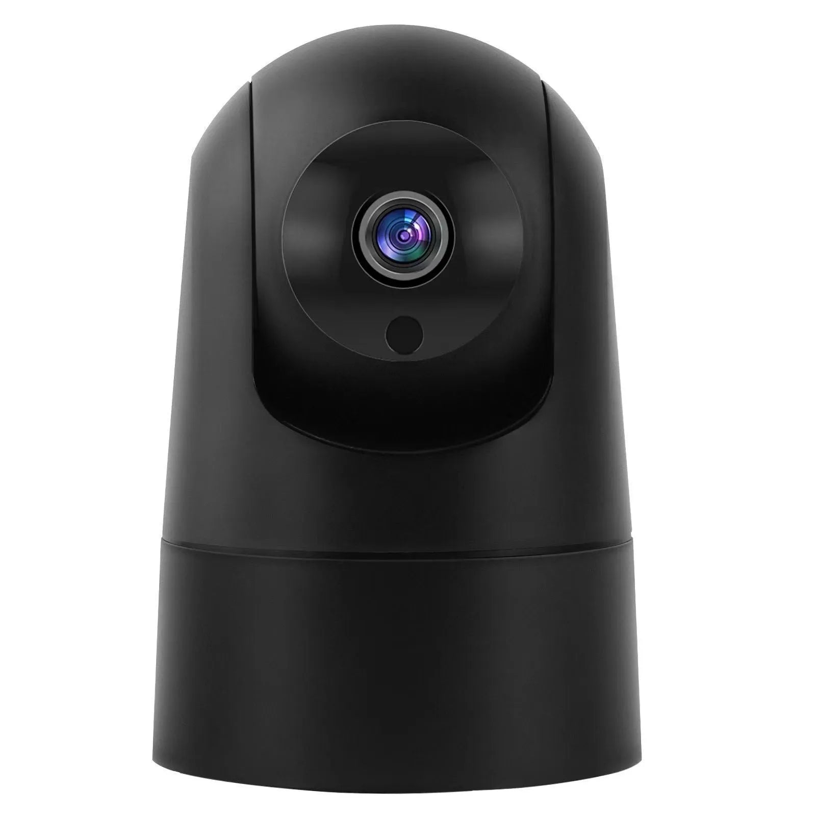 White indoor security camera with wide-angle lens on a shelf, showing compact 80x80x115mm size.